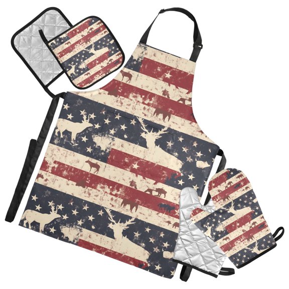 5 Pcs Kitchen Set Heat Resistant Oven Mitts and Non-Slip Pot Holders with Adjustable Cooking Apron American Flag and Animals