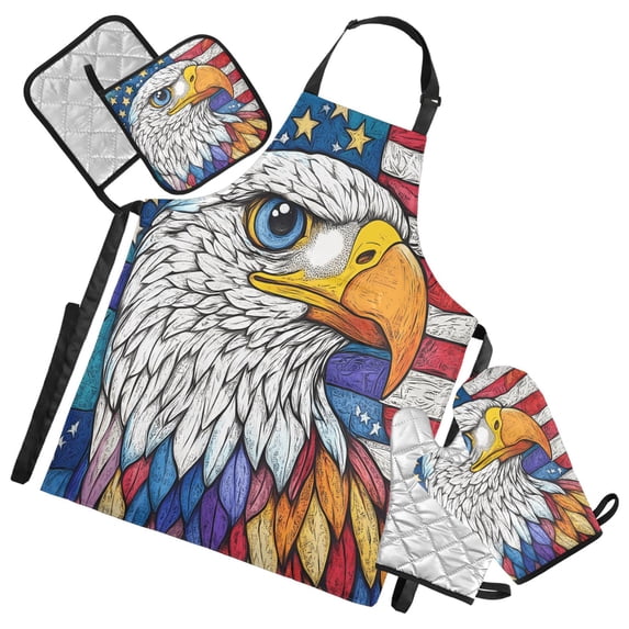 5 Pcs Kitchen Set Heat Resistant Oven Mitts and Non-Slip Pot Holders with Adjustable Cooking Apron American Flag and Eagle