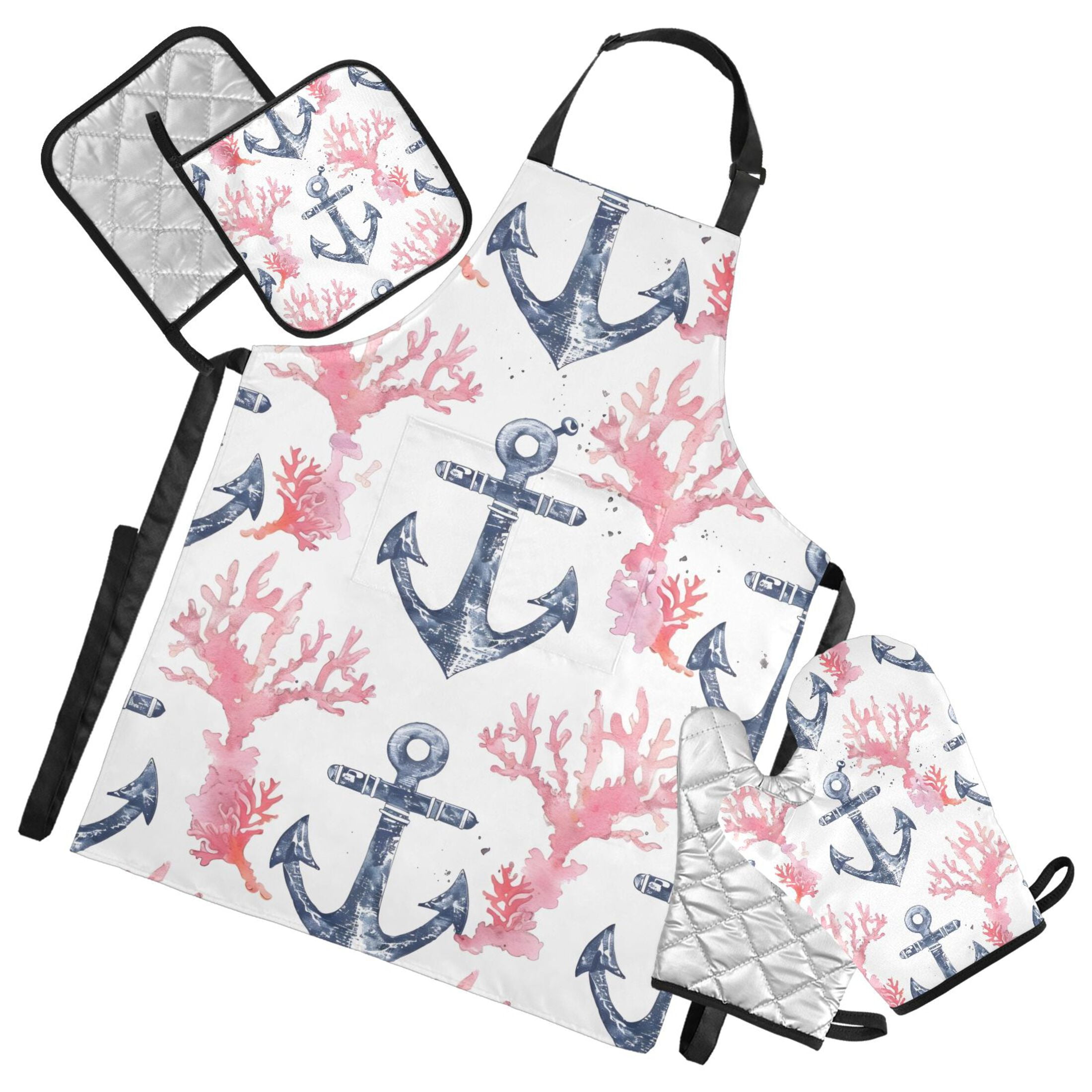 5 Pcs Kitchen Set Heat Resistant Oven Mitts and Non-Slip Pot Holders with Adjustable Cooking Apron Anchor and Coral