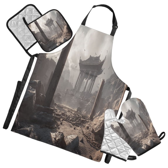 5 Pcs Kitchen Set Heat Resistant Oven Mitts and Non-Slip Pot Holders with Adjustable Cooking Apron Ancient Ruins