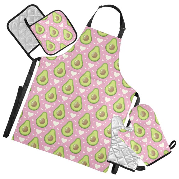 5 Pcs Kitchen Set Heat Resistant Oven Mitts and Non-Slip Pot Holders with Adjustable Cooking Apron Avocado and Heart