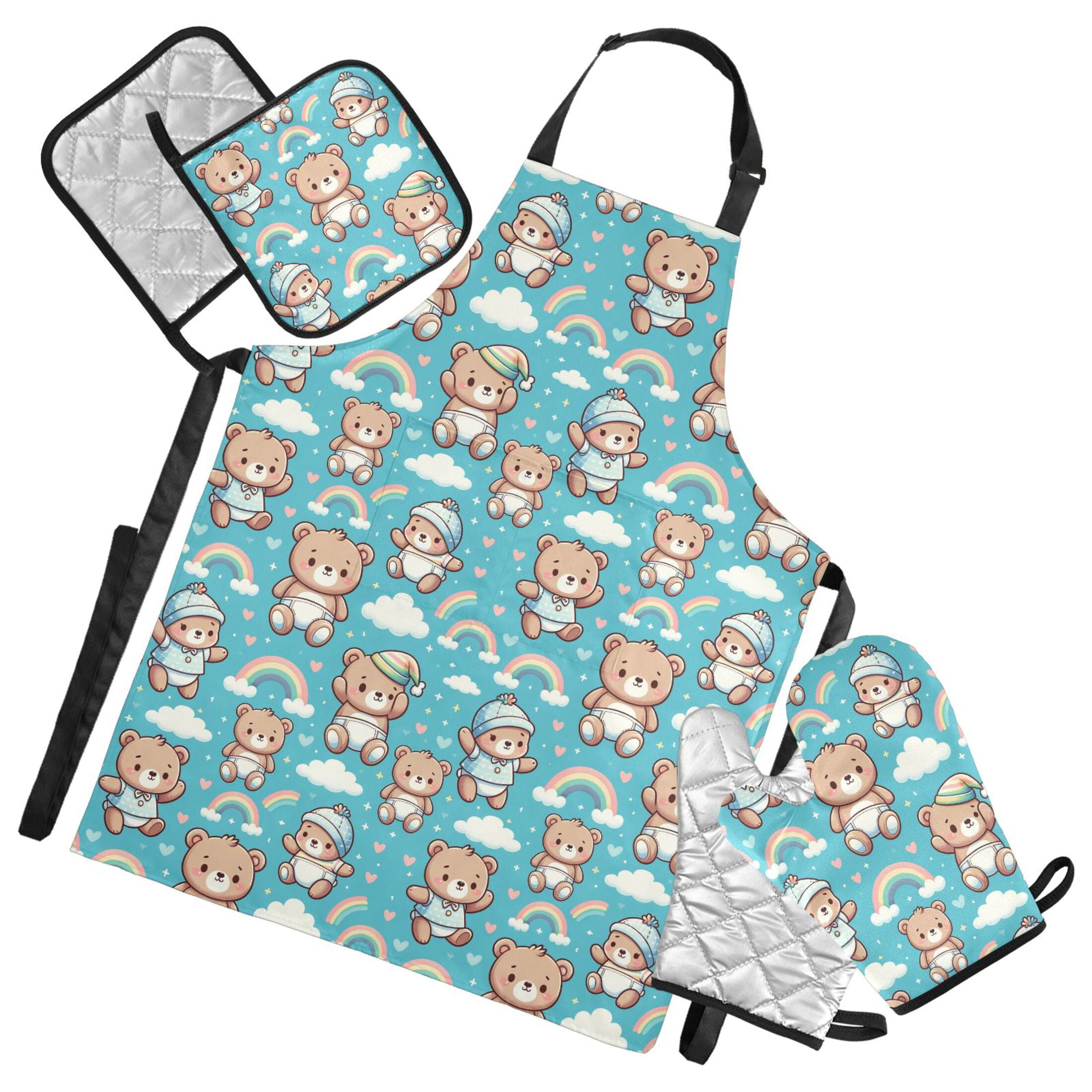 5 Pcs Kitchen Set Heat Resistant Oven Mitts and Non-Slip Pot Holders with Adjustable Cooking Apron Bear with Hat and Rainbow