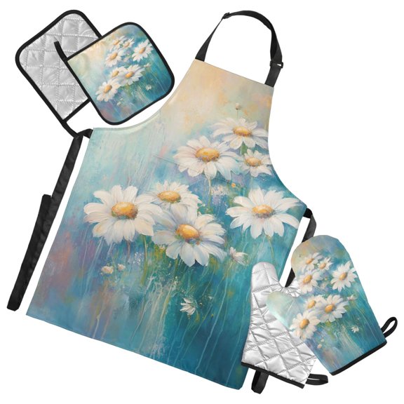5 Pcs Kitchen Set Heat Resistant Oven Mitts and Non-Slip Pot Holders with Adjustable Cooking Apron Beautiful Painting Of Daisies