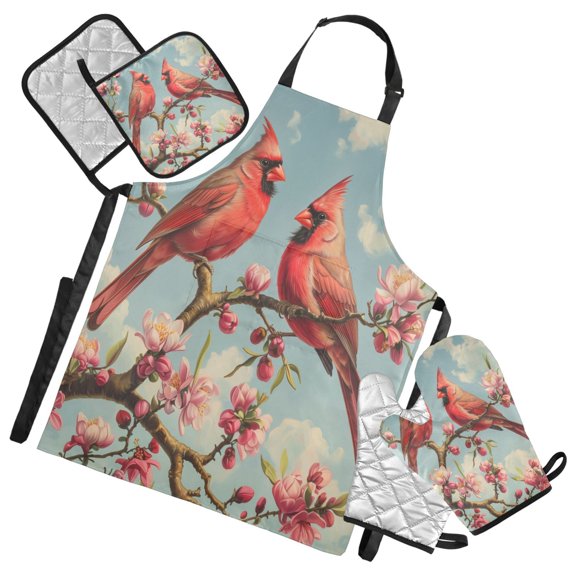 5 Pcs Kitchen Set Heat Resistant Oven Mitts and Non-Slip Pot Holders with Adjustable Cooking Apron Birds Sit on Tree Branch