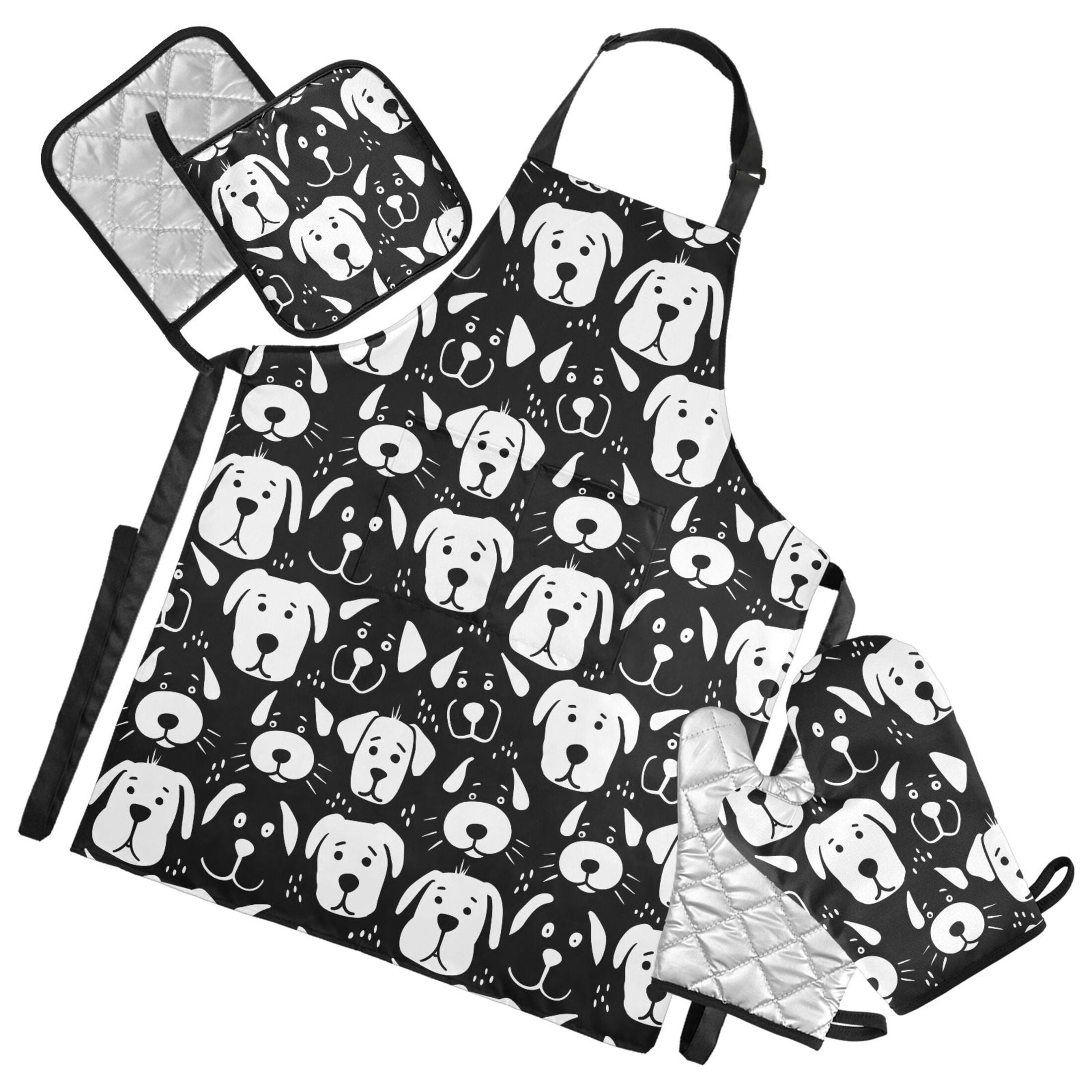 5 Pcs Kitchen Set Heat Resistant Oven Mitts and Non-Slip Pot Holders with Adjustable Cooking Apron Black White Dog Face