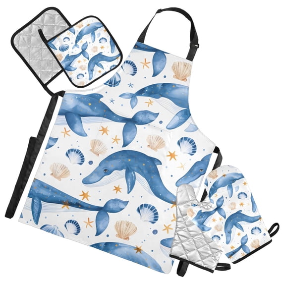5 Pcs Kitchen Set Heat Resistant Oven Mitts and Non-Slip Pot Holders with Adjustable Cooking Apron Blue Whales Seashells Stars