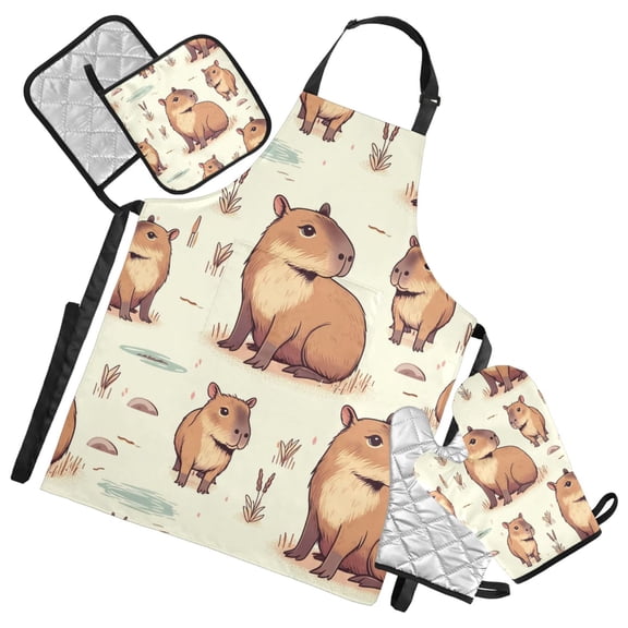 5 Pcs Kitchen Set Heat Resistant Oven Mitts and Non-Slip Pot Holders with Adjustable Cooking Apron Capybara Animal and Plant