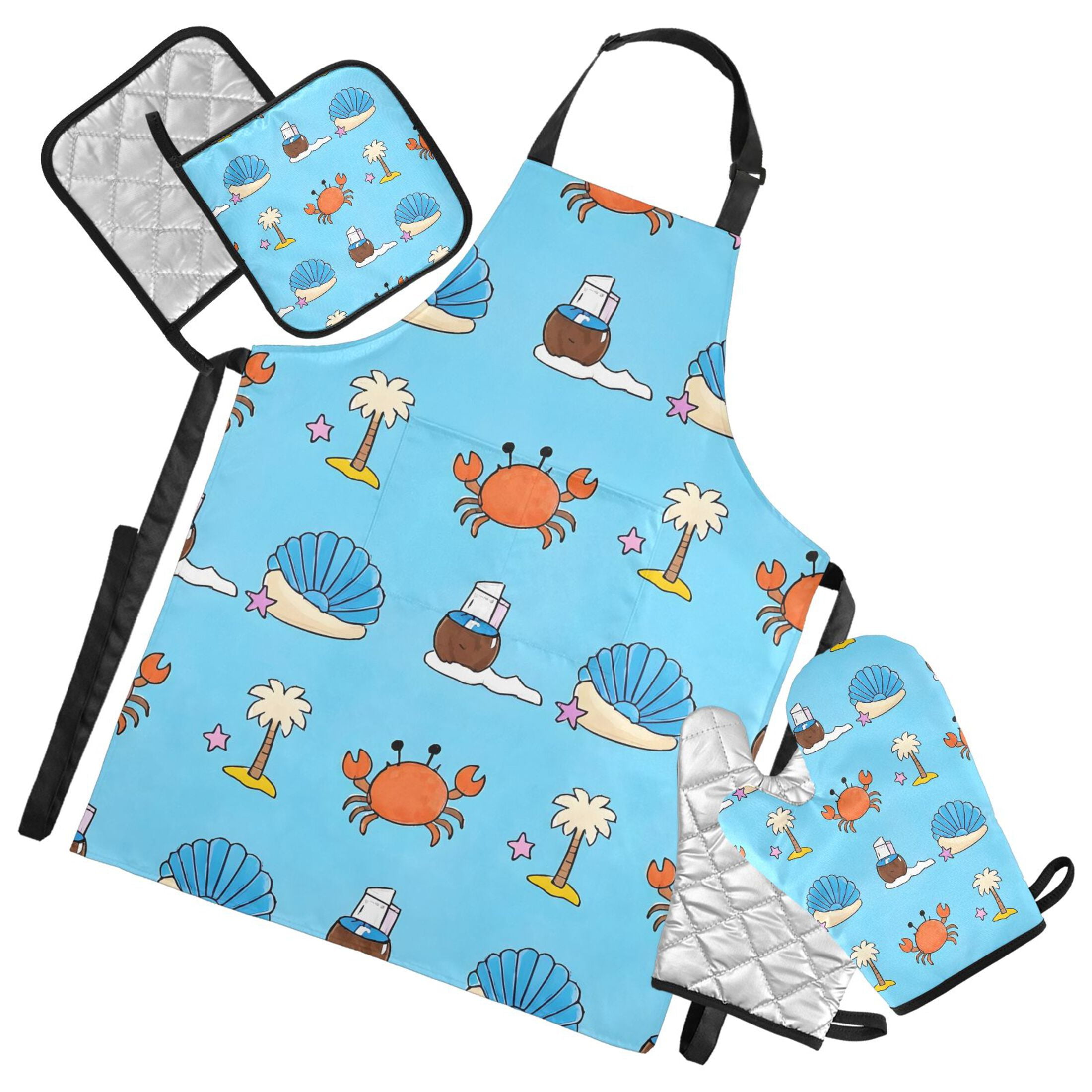 Shell Apron 5 Pcs Kitchen Set Heat Resistant Oven Mitts and Non-Slip Pot Holders ...
