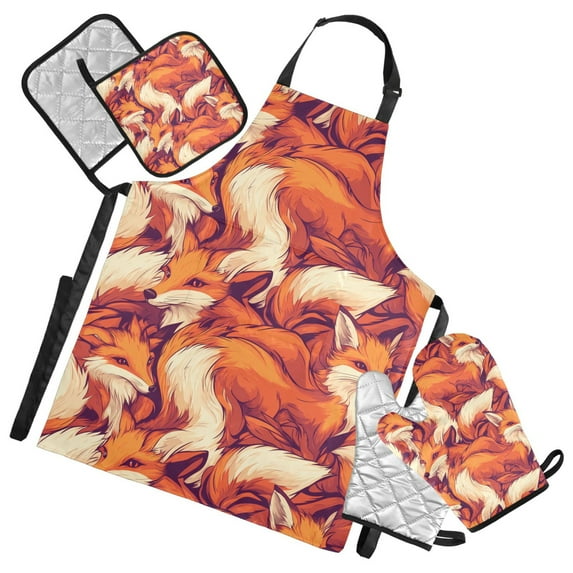 5 Pcs Kitchen Set Heat Resistant Oven Mitts and Non-Slip Pot Holders with Adjustable Cooking Apron Cartoon Foxes