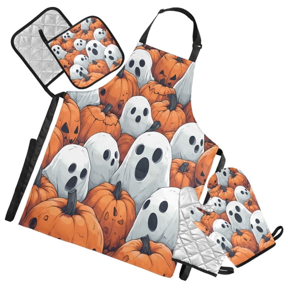 5 Pcs Kitchen Set Heat Resistant Oven Mitts and Non-Slip Pot Holders with Adjustable Cooking Apron Cartoon Ghosts Hide in Pumpkins