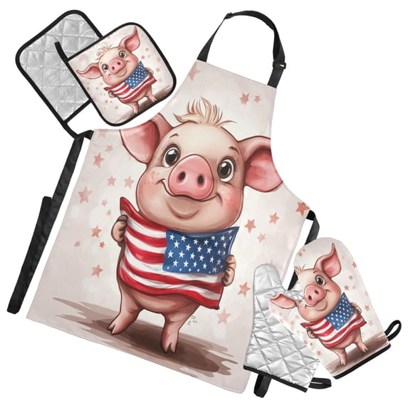 5 Pcs Kitchen Set Heat Resistant Oven Mitts and Non-Slip Pot Holders with Adjustable Cooking Apron Cartoon Pig with Usa Flag