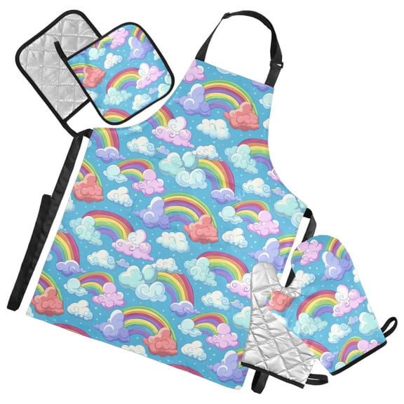 5 Pcs Kitchen Set Heat Resistant Oven Mitts and Non-Slip Pot Holders with Adjustable Cooking Apron Cartoon Rainbow and Cloud