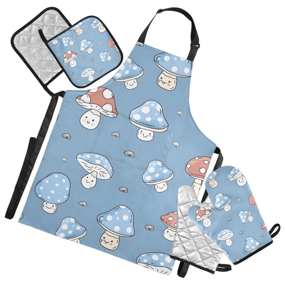 5 Pcs Kitchen Set Heat Resistant Oven Mitts and Non-Slip Pot Holders with Adjustable Cooking Apron Cartoon Red Blue Mushrooms