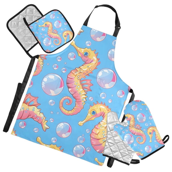 5 Pcs Kitchen Set Heat Resistant Oven Mitts and Non-Slip Pot Holders with Adjustable Cooking Apron Cartoon Seahorse and Bubbles