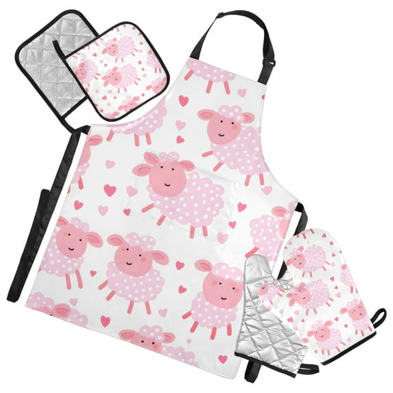 5 Pcs Kitchen Set Heat Resistant Oven Mitts and Non-Slip Pot Holders with Adjustable Cooking Apron Cartoon Sheep and Heart