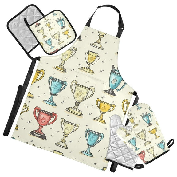 5 Pcs Kitchen Set Heat Resistant Oven Mitts and Non-Slip Pot Holders with Adjustable Cooking Apron Cartoon Trophies
