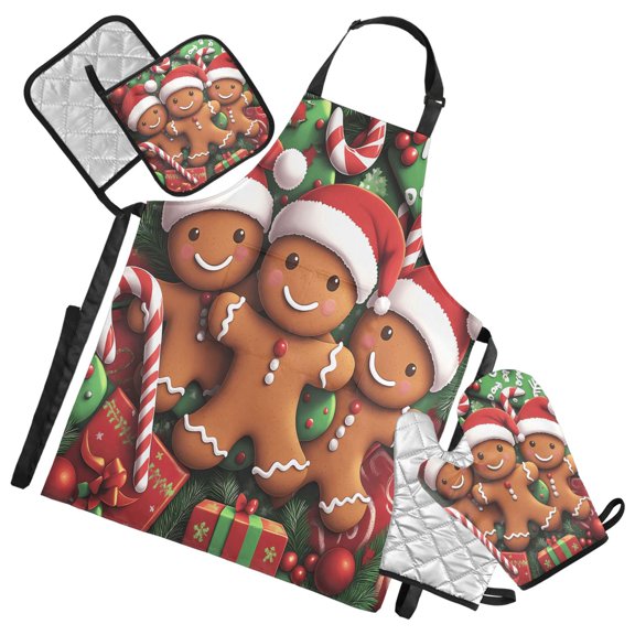 5 Pcs Kitchen Set Heat Resistant Oven Mitts and Non-Slip Pot Holders with Adjustable Cooking Apron Christmas Gifts Gingerbread Men