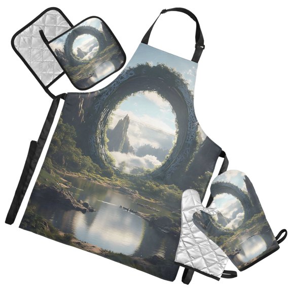 5 Pcs Kitchen Set Heat Resistant Oven Mitts and Non-Slip Pot Holders with Adjustable Cooking Apron Circle Gate in Mountains