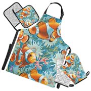 5 Pcs Kitchen Set Heat Resistant Oven Mitts and Non-Slip Pot Holders with Adjustable Cooking Apron Clownfish and Coral