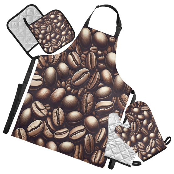 5 Pcs Kitchen Set Heat Resistant Oven Mitts and Non-Slip Pot Holders with Adjustable Cooking Apron Coffee Beans