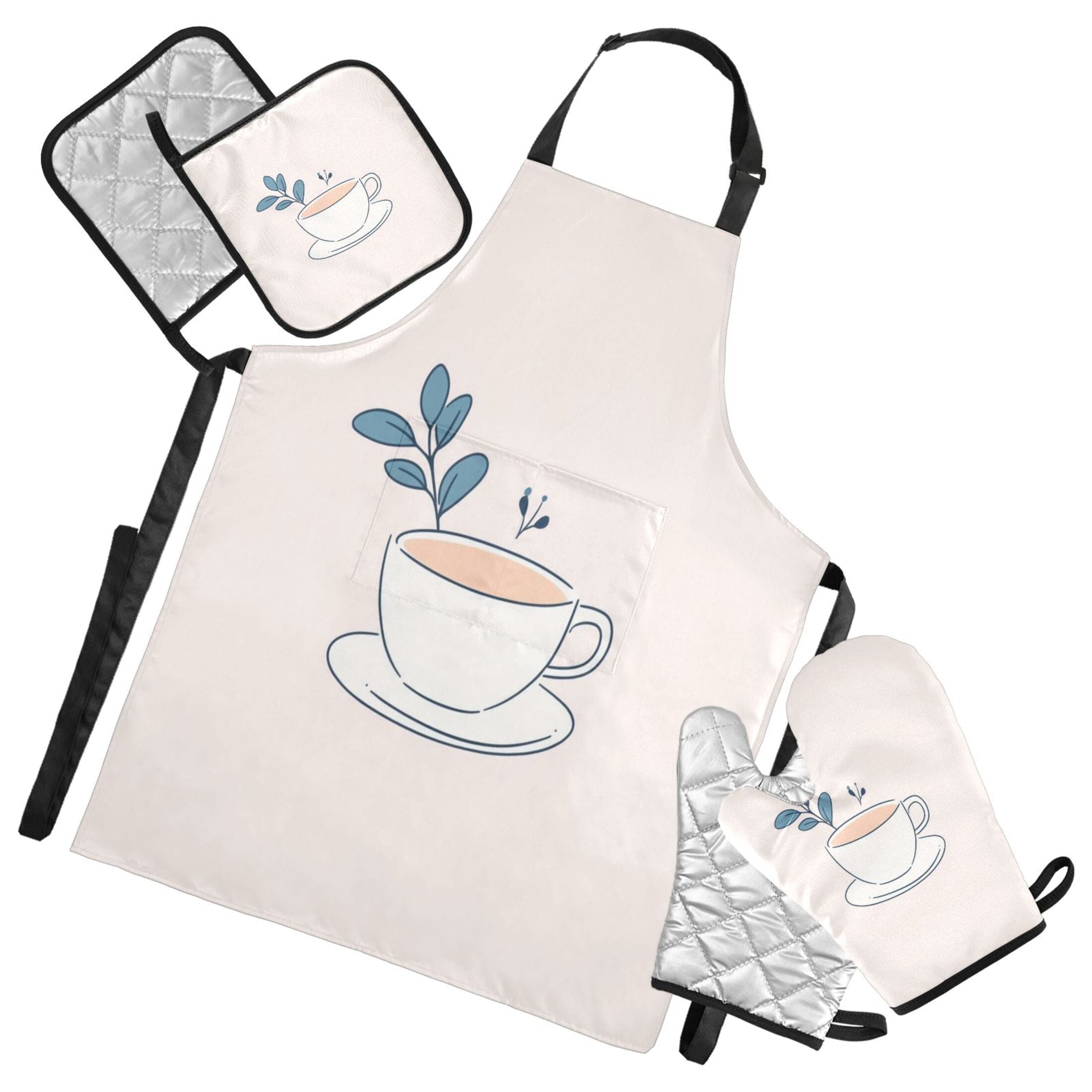 5 Pcs Kitchen Set Heat Resistant Oven Mitts and Non-Slip Pot Holders with Adjustable Cooking Apron Coffee Cup with Left