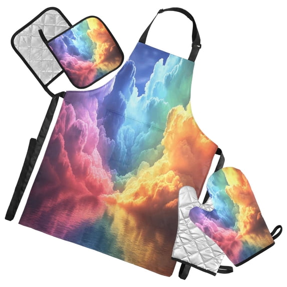 5 Pcs Kitchen Set Heat Resistant Oven Mitts and Non-Slip Pot Holders with Adjustable Cooking Apron Colorful Clouds over Water