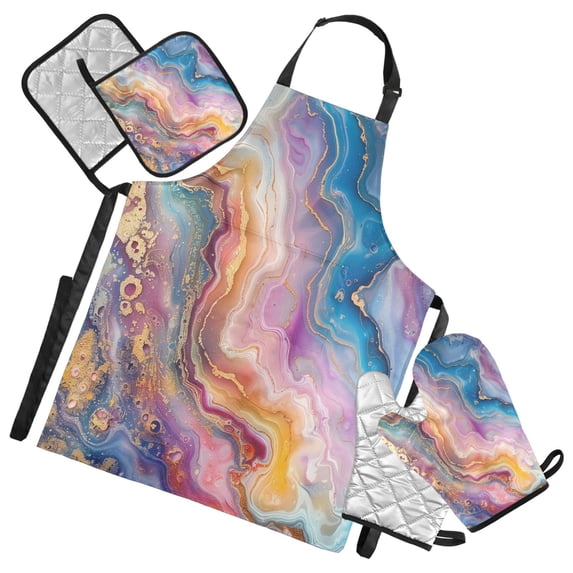 5 Pcs Kitchen Set Heat Resistant Oven Mitts and Non-Slip Pot Holders with Adjustable Cooking Apron Colorful Marble