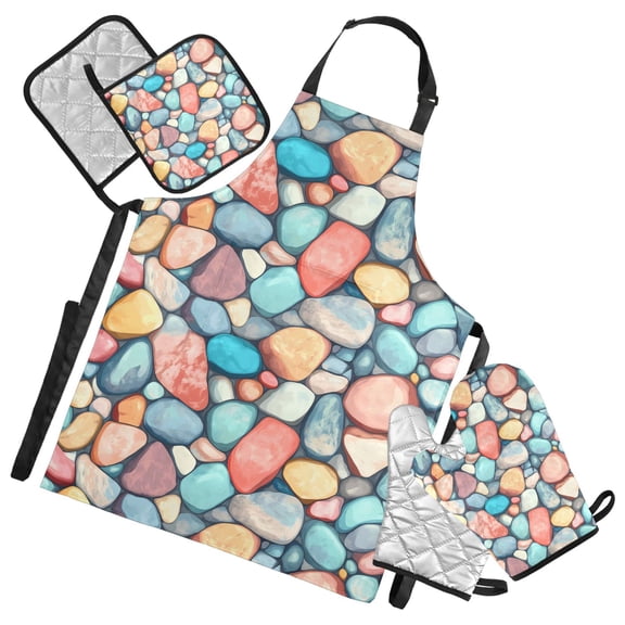 5 Pcs Kitchen Set Heat Resistant Oven Mitts and Non-Slip Pot Holders with Adjustable Cooking Apron Colorful Small Stones