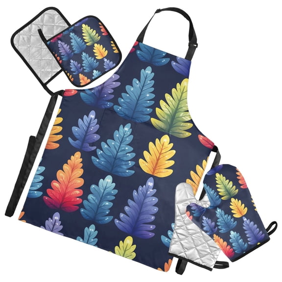 5 Pcs Kitchen Set Heat Resistant Oven Mitts and Non-Slip Pot Holders with Adjustable Cooking Apron Colorful Tree