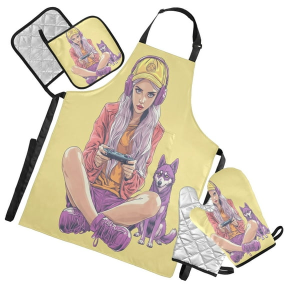 5 Pcs Kitchen Set Heat Resistant Oven Mitts and Non-Slip Pot Holders with Adjustable Cooking Apron Cool Girl Play Game and Dog