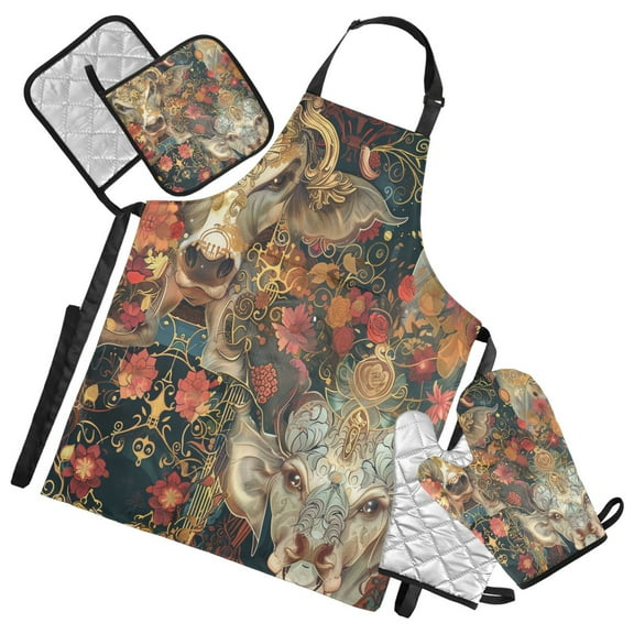 5 Pcs Kitchen Set Heat Resistant Oven Mitts and Non-Slip Pot Holders with Adjustable Cooking Apron Cow Head and Flower
