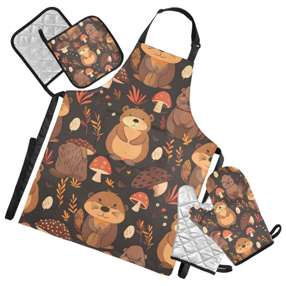 5 Pcs Kitchen Set Heat Resistant Oven Mitts and Non-Slip Pot Holders with Adjustable Cooking Apron Cute Beaver and Mushroom