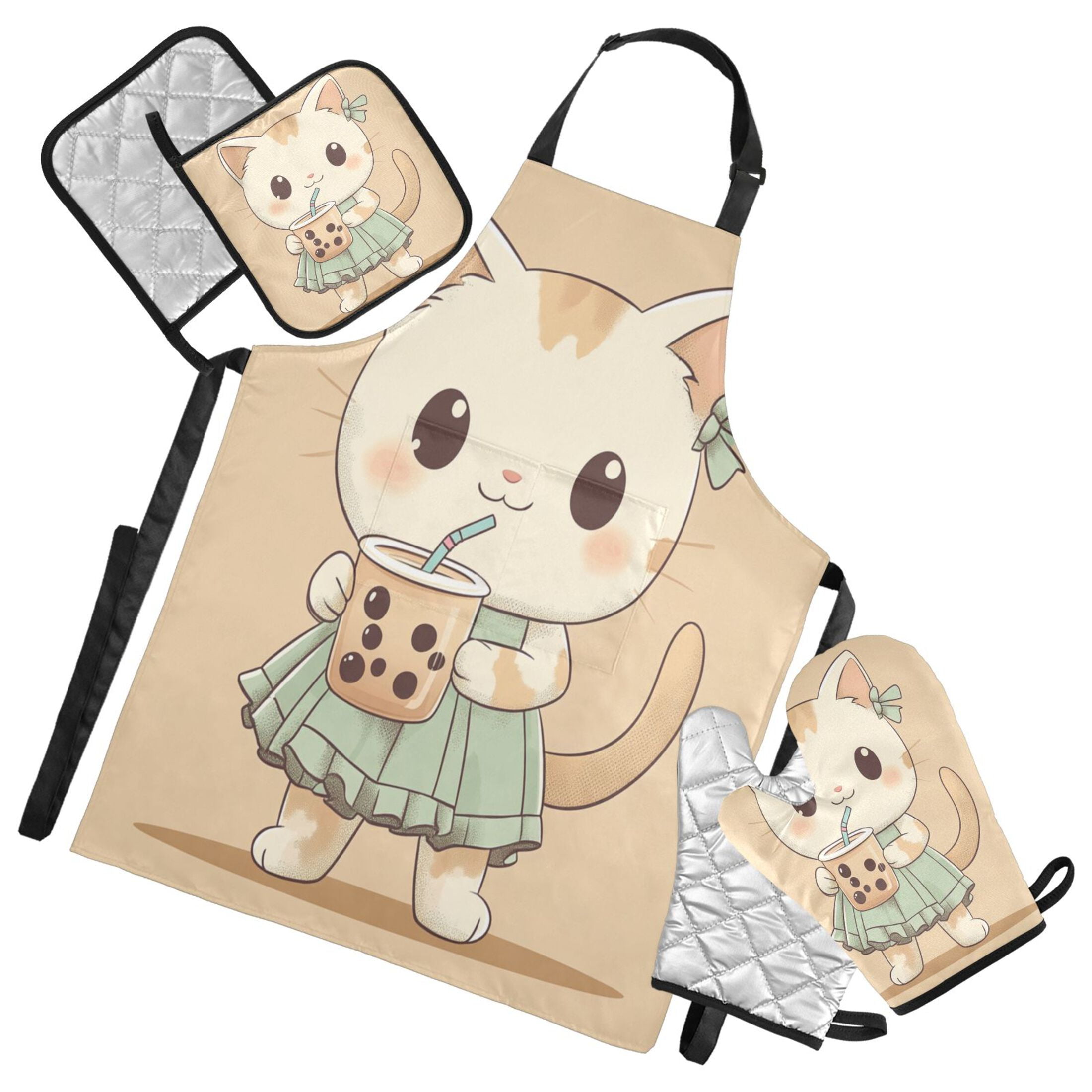 5 Pcs Kitchen Set Heat Resistant Oven Mitts and Non-Slip Pot Holders with Adjustable Cooking Apron Cute Cat Drink Bubble Tea