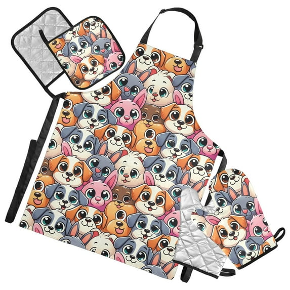 5 Pcs Kitchen Set Heat Resistant Oven Mitts and Non-Slip Pot Holders with Adjustable Cooking Apron Cute Dogs Head