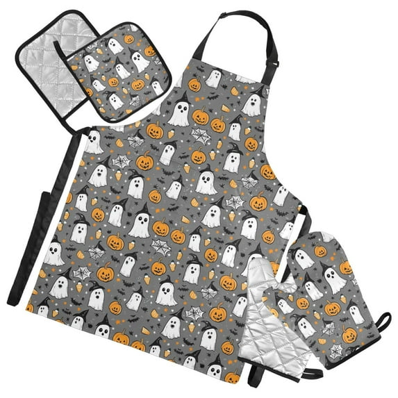 5 Pcs Kitchen Set Heat Resistant Oven Mitts and Non-Slip Pot Holders with Adjustable Cooking Apron Cute Ghost Pumpkin Star