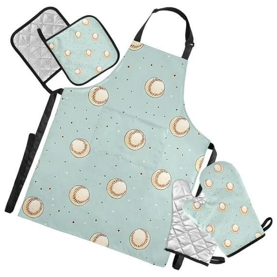 5 Pcs Kitchen Set Heat Resistant Oven Mitts and Non-Slip Pot Holders with Adjustable Cooking Apron Cute Little Baseballs