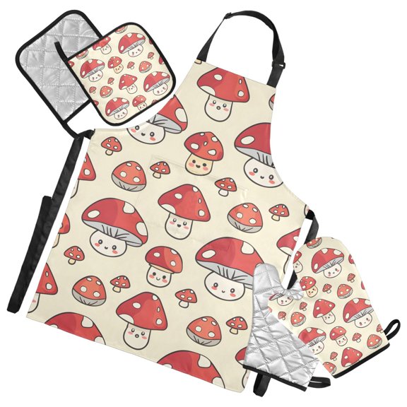 5 Pcs Kitchen Set Heat Resistant Oven Mitts and Non-Slip Pot Holders with Adjustable Cooking Apron Cute Lovely Mushrooms