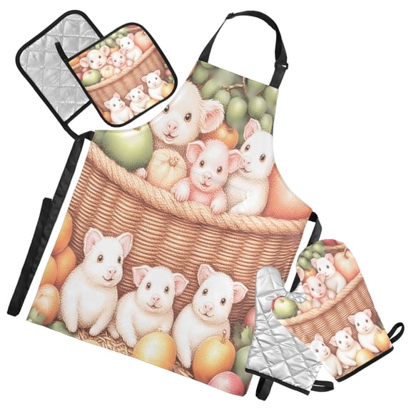 5 Pcs Kitchen Set Heat Resistant Oven Mitts and Non-Slip Pot Holders with Adjustable Cooking Apron Cute Pigs and Fruits