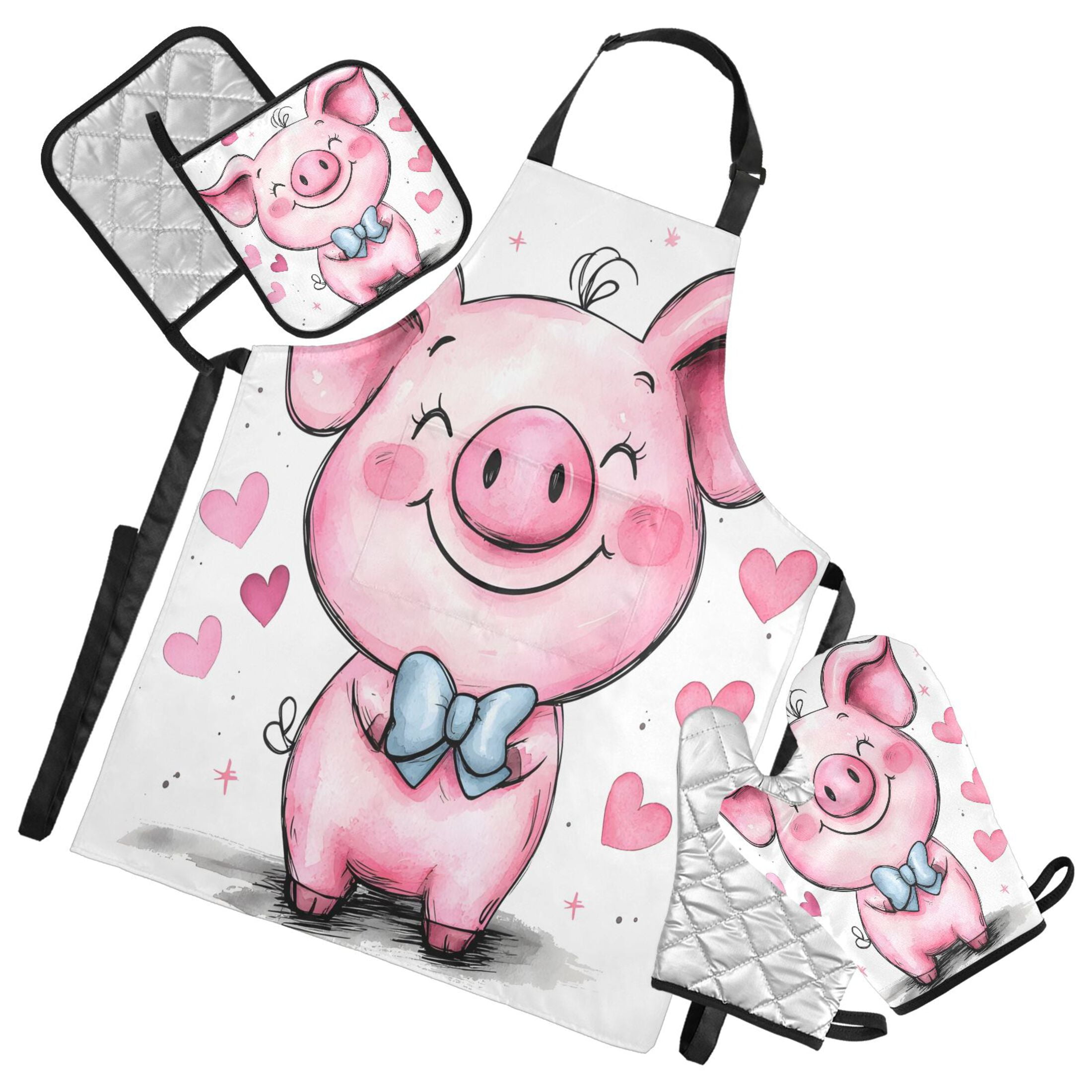 5 Pcs Kitchen Set Heat Resistant Oven Mitts and Non-Slip Pot Holders with Adjustable Cooking Apron Cute Pink Pig and Heart