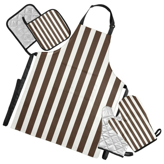 5 Pcs Kitchen Set Heat Resistant Oven Mitts and Non-Slip Pot Holders with Adjustable Cooking Apron Dark Brown and White Striped
