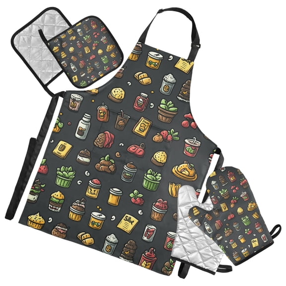 5 Pcs Kitchen Set Heat Resistant Oven Mitts and Non-Slip Pot Holders with Adjustable Cooking Apron Drink Strawberries Cake