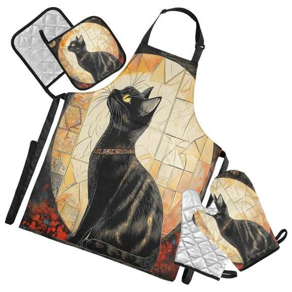 5 Pcs Kitchen Set Heat Resistant Oven Mitts and Non-Slip Pot Holders with Adjustable Cooking Apron Elegant Black Cat