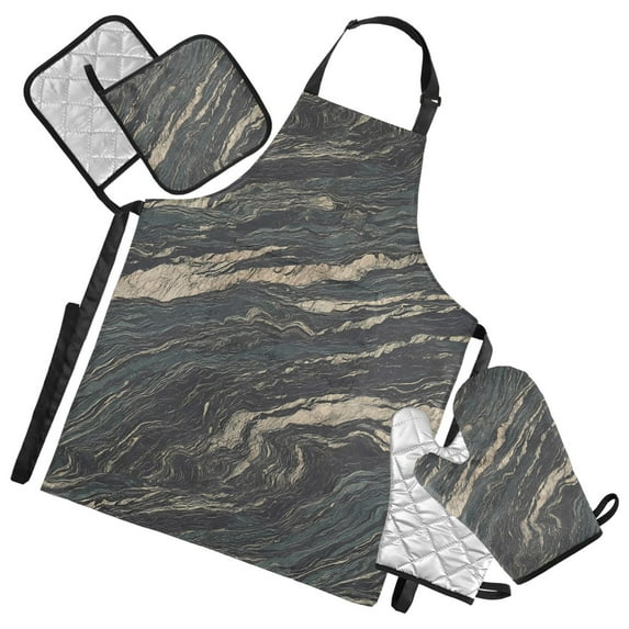 5 Pcs Kitchen Set Heat Resistant Oven Mitts and Non-Slip Pot Holders with Adjustable Cooking Apron Elegant Black Marble