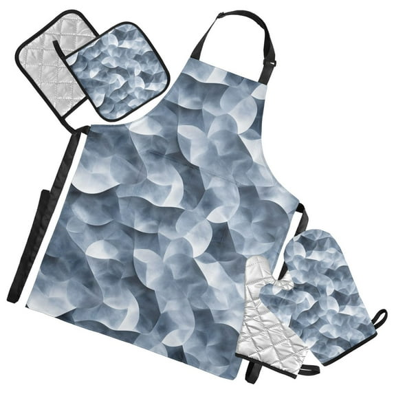 5 Pcs Kitchen Set Heat Resistant Oven Mitts and Non-Slip Pot Holders with Adjustable Cooking Apron Elegant Wavy Geometric