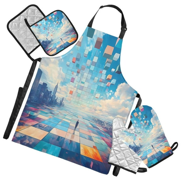 5 Pcs Kitchen Set Heat Resistant Oven Mitts and Non-Slip Pot Holders with Adjustable Cooking Apron Endless Square