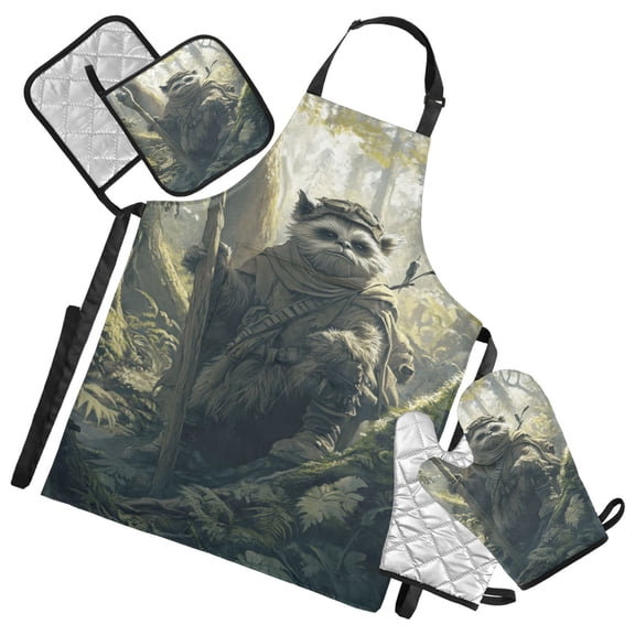 5 Pcs Kitchen Set Heat Resistant Oven Mitts and Non-Slip Pot Holders with Adjustable Cooking Apron Ewok in Forest