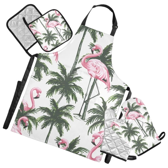 5 Pcs Kitchen Set Heat Resistant Oven Mitts and Non-Slip Pot Holders with Adjustable Cooking Apron Flamingos and Palm Trees