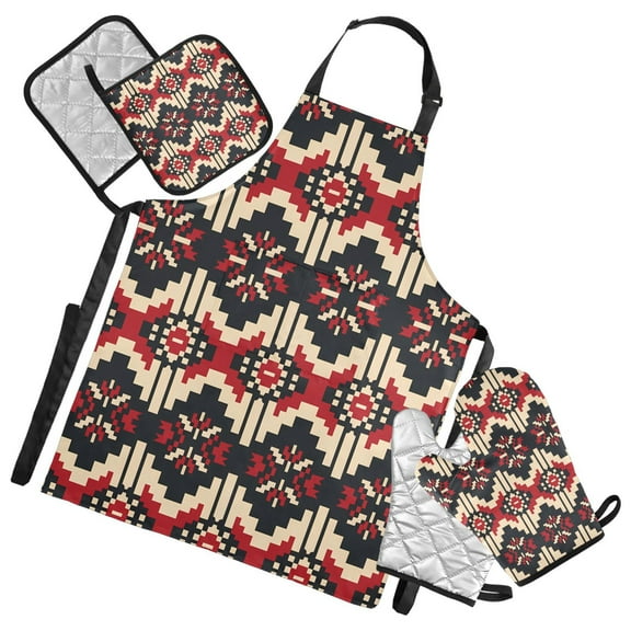 5 Pcs Kitchen Set Heat Resistant Oven Mitts and Non-Slip Pot Holders with Adjustable Cooking Apron Geometric Pixel Print