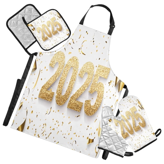 5 Pcs Kitchen Set Heat Resistant Oven Mitts and Non-Slip Pot Holders with Adjustable Cooking Apron Gold 2025 and Ribbons
