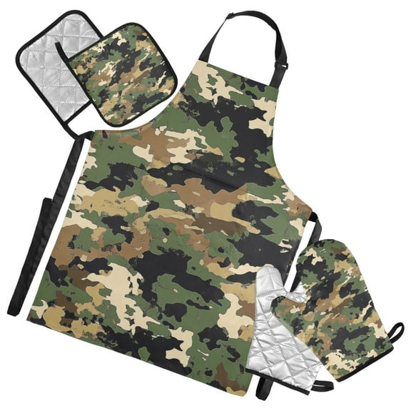 5 Pcs Kitchen Set Heat Resistant Oven Mitts and Non-Slip Pot Holders with Adjustable Cooking Apron Green Brown Camouflage